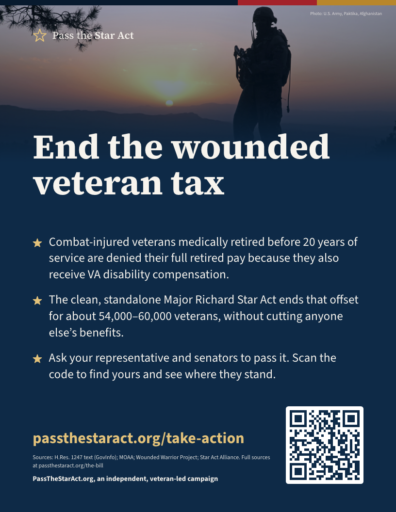 Preview of the flyer: “End the wounded veteran tax,” three points about the Star Act, the web address passthestaract.org/take-action, and a QR code.